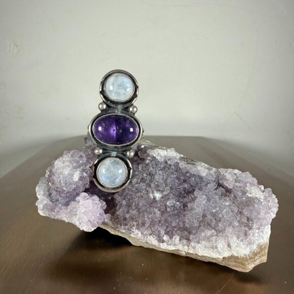 Sterling Silver Ring Amethyst & Moonstone Triple Gemstone Unique Jewelry Size 8